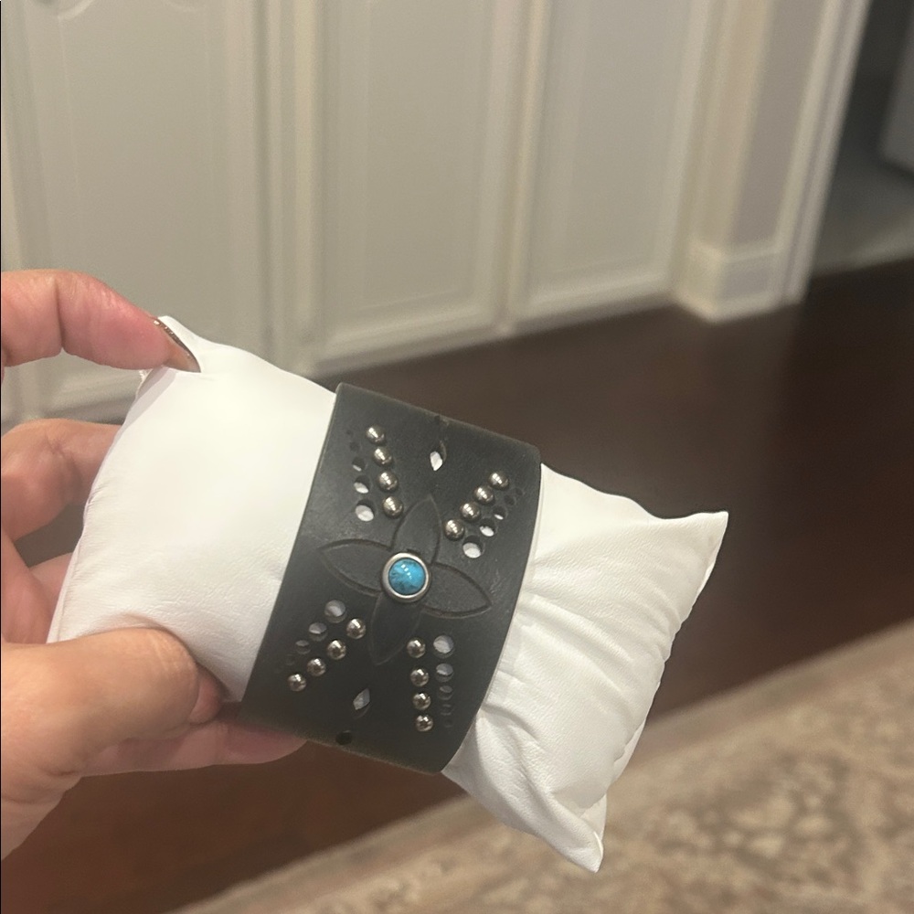 Black Genuine Leather Cuff Bracelet with Turquoise Accent